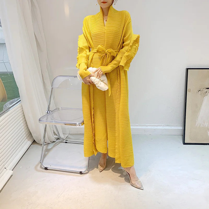 High-quality,fast-delivery, stock,Miyake pleated petal-sleeve women's dress,lapel cardigan,beltplus-size, long dress
