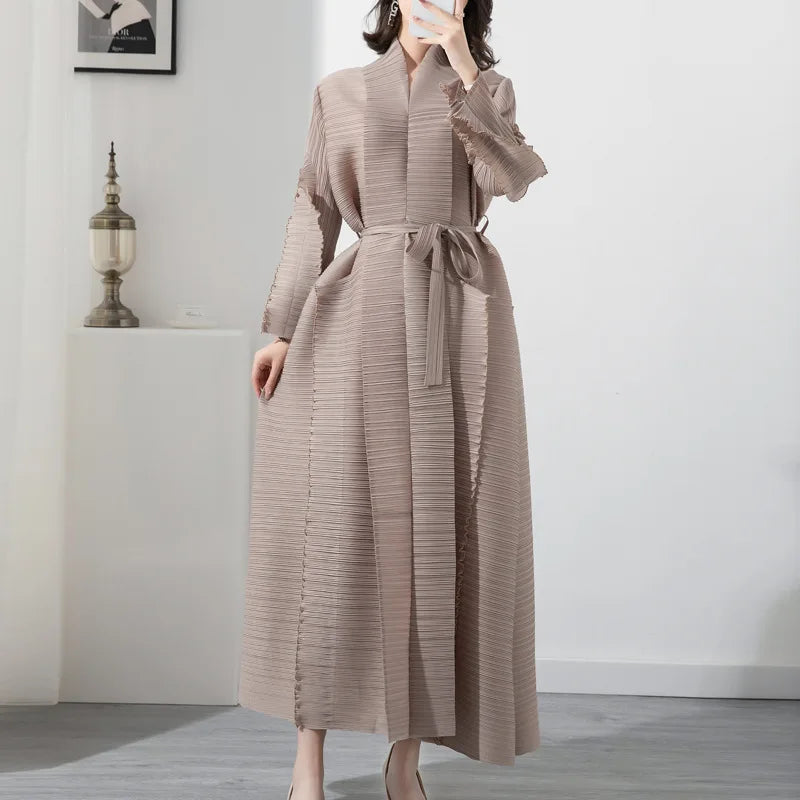 High-quality,fast-delivery, stock,Miyake pleated petal-sleeve women's dress,lapel cardigan,beltplus-size, long dress