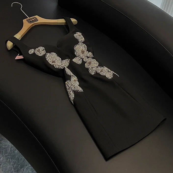 New Arrival French Style Lady Formal Wear Sweetheart Collar Sleeveless Fine Workmanship Beading Women Short Mini Slim Dress