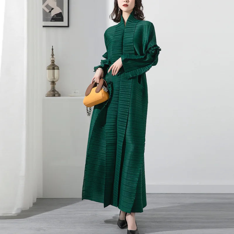 High-quality,fast-delivery, stock,Miyake pleated petal-sleeve women's dress,lapel cardigan,beltplus-size, long dress