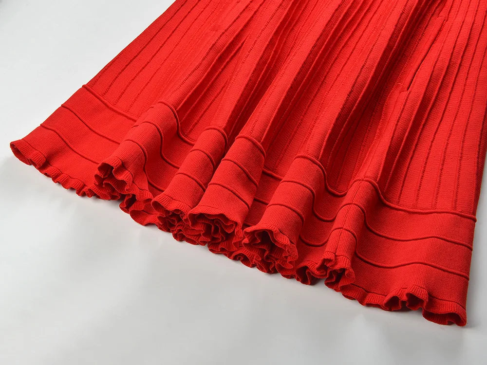 2025 New Arrival Summer Lady Red Wear Women Vintage Sleeveless Knit Solid Mini Dress With Pockets