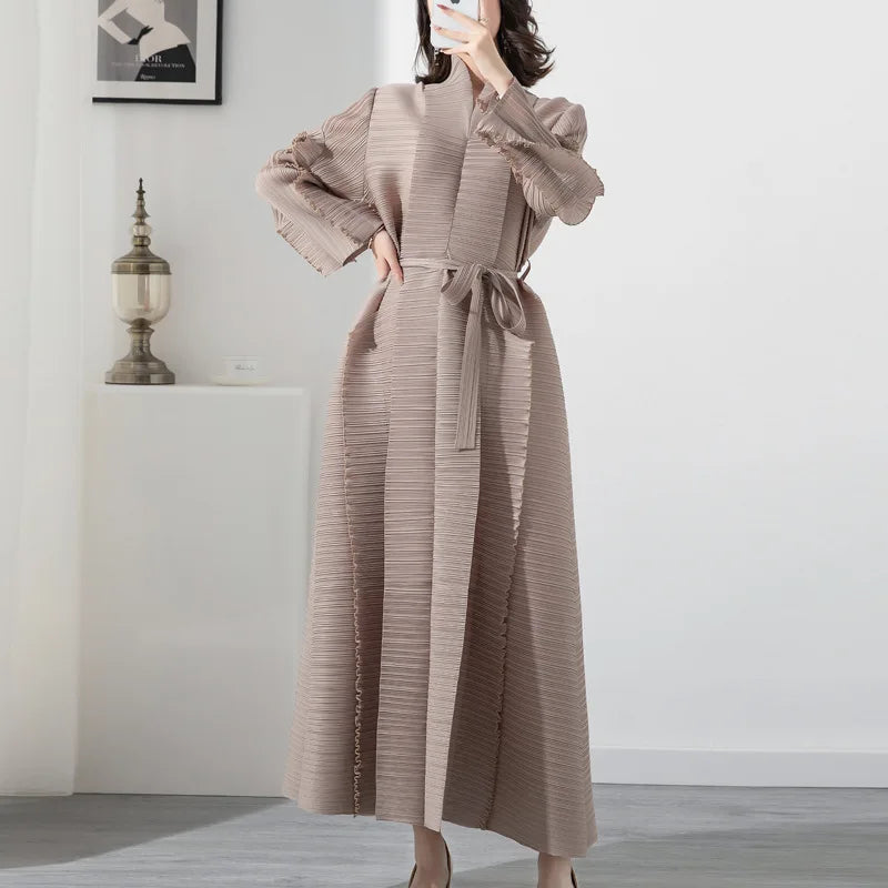 High-quality,fast-delivery, stock,Miyake pleated petal-sleeve women's dress,lapel cardigan,beltplus-size, long dress