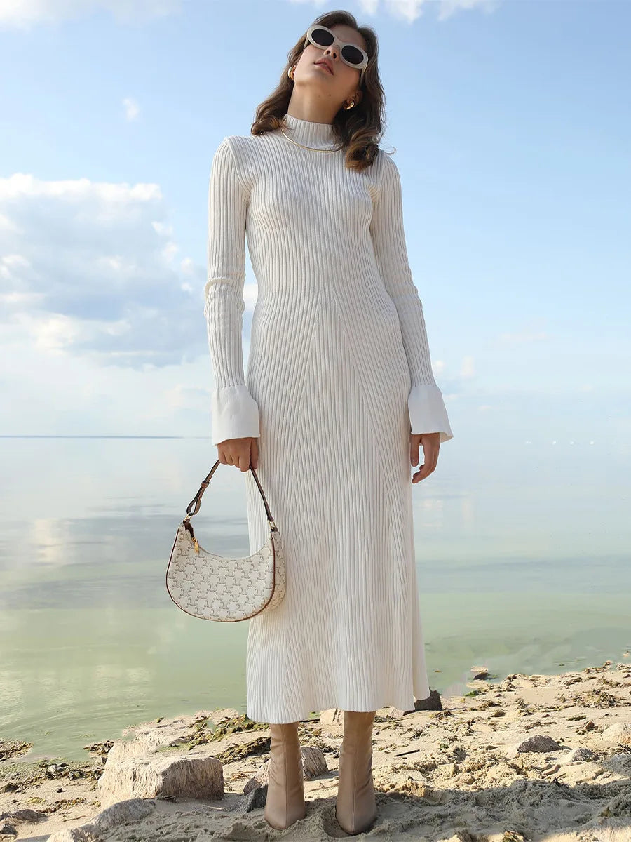 2025 Elegant Women's Midi Sheath Dress with O Neck Long Sleeve Soft Rib Knit Bodycon for Winter
