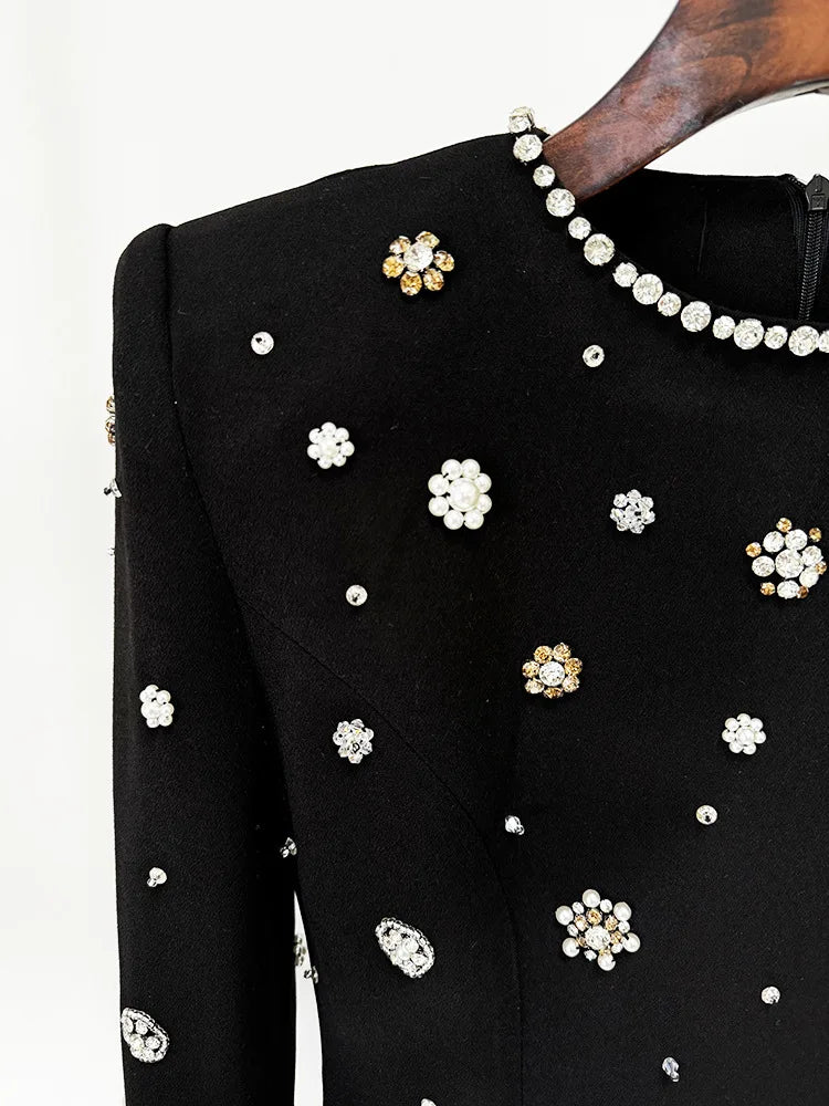 Fashion European Style Fine Workmanship Rhinestone Beading Long Sleeve O-neck Women Formal Wear Lady Maxi Solid Dress