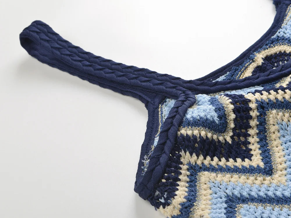 2025 Summer Newest French Style Colorblock Geometric Pattern Lady Casual Knits Slips A-line Long Dress Women