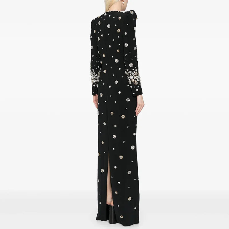 Fashion European Style Fine Workmanship Rhinestone Beading Long Sleeve O-neck Women Formal Wear Lady Maxi Solid Dress