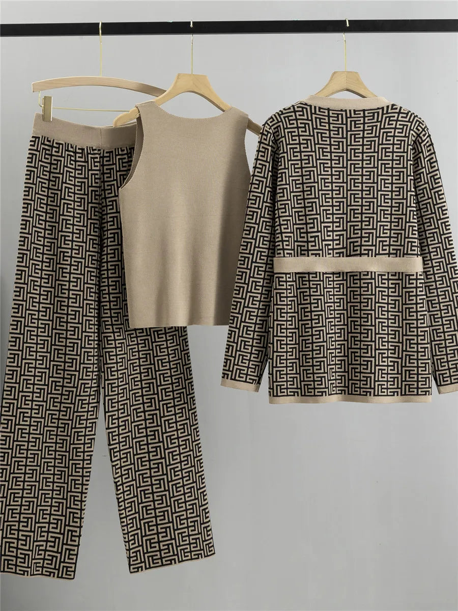 Autumn Female Three-Piece Set Slimming Cardigan Vest and Trousers Casual Fashion Cross Color Blocking Spring Knitted Suit