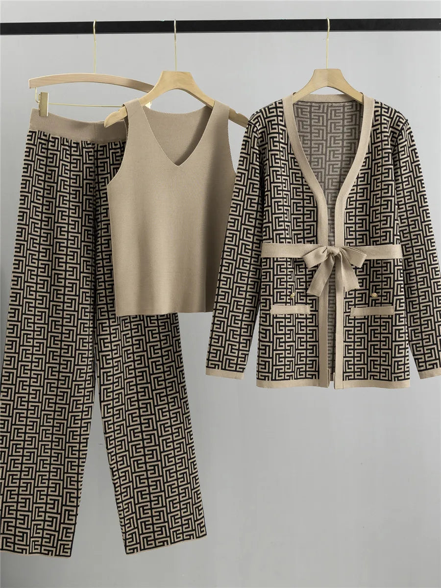 Autumn Female Three-Piece Set Slimming Cardigan Vest and Trousers Casual Fashion Cross Color Blocking Spring Knitted Suit