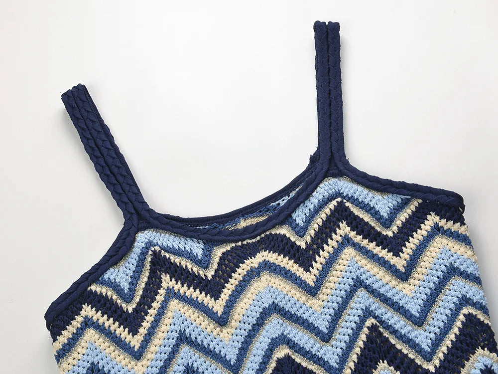 2025 Summer Newest French Style Colorblock Geometric Pattern Lady Casual Knits Slips A-line Long Dress Women