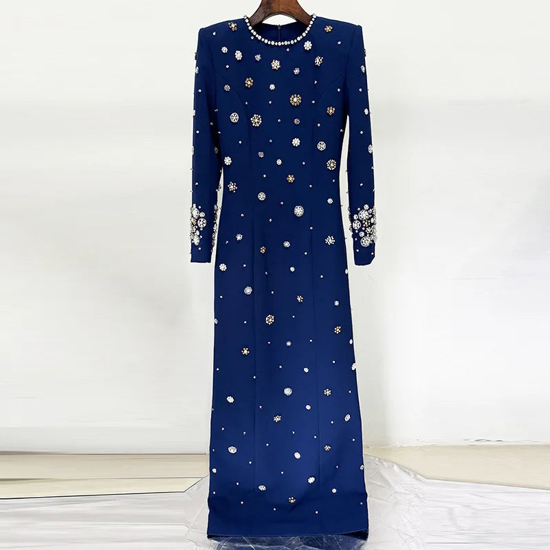 Fashion European Style Fine Workmanship Rhinestone Beading Long Sleeve O-neck Women Formal Wear Lady Maxi Solid Dress