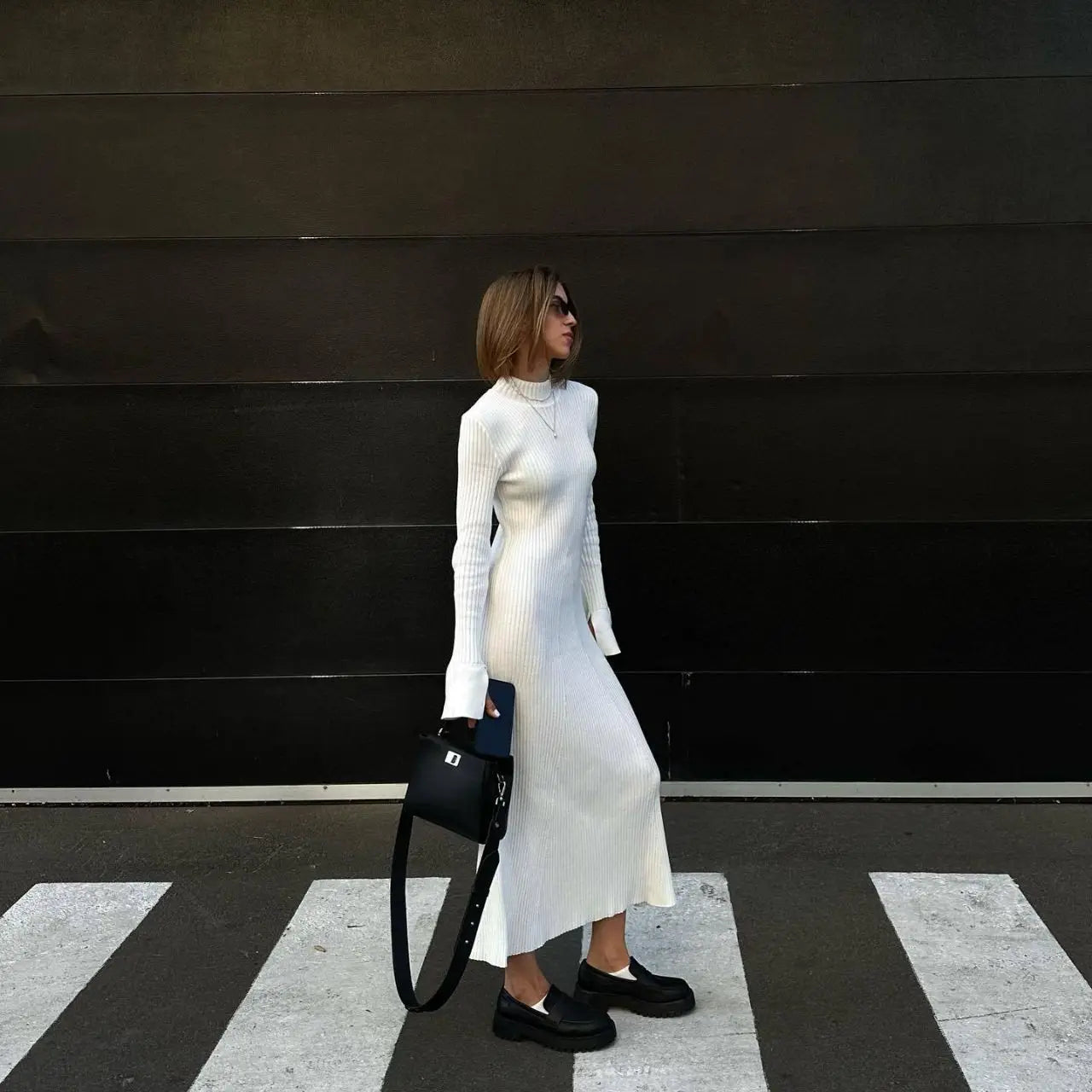 2025 Elegant Women's Midi Sheath Dress with O Neck Long Sleeve Soft Rib Knit Bodycon for Winter