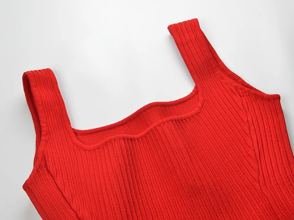 2025 New Arrival Summer Lady Red Wear Women Vintage Sleeveless Knit Solid Mini Dress With Pockets