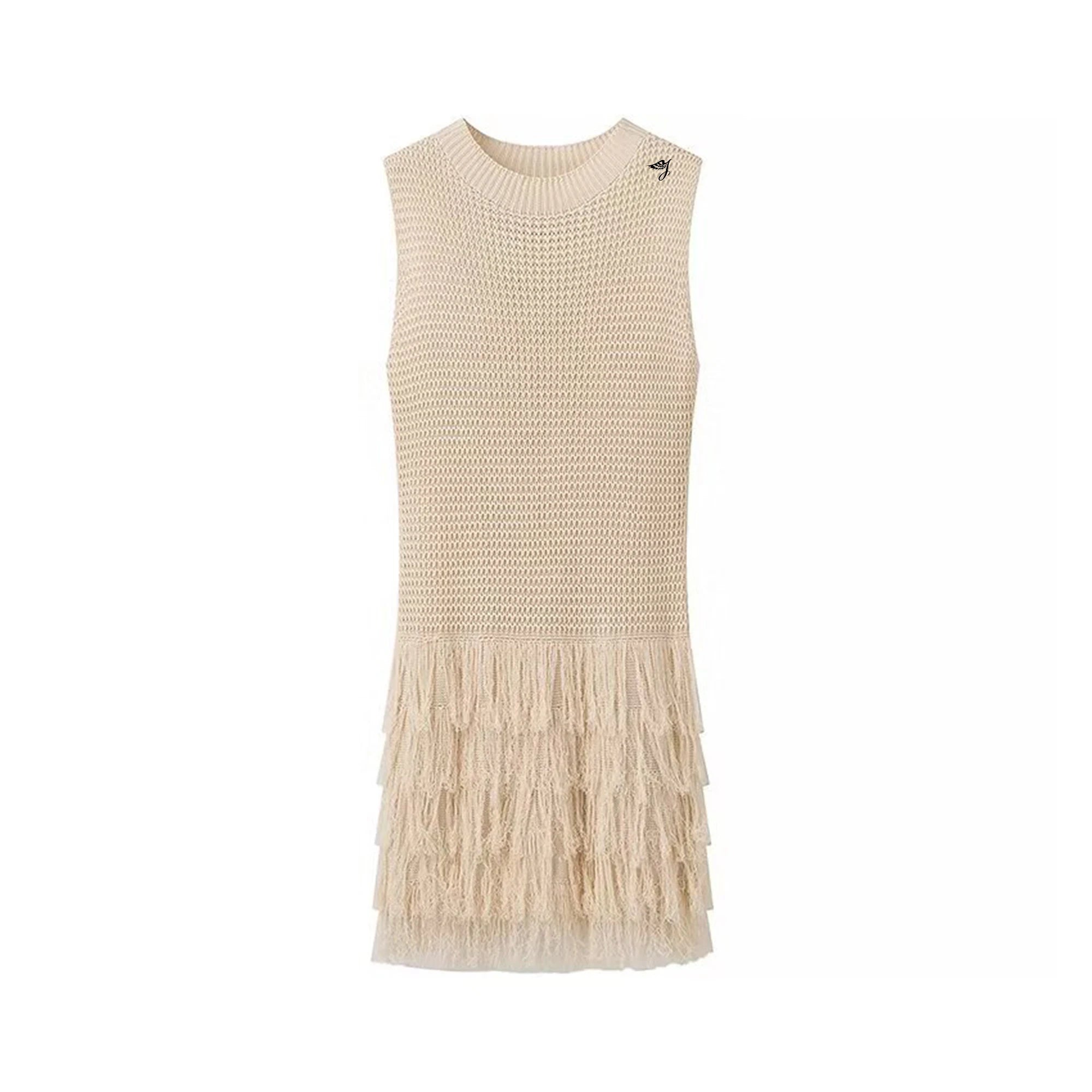 OEM ODMCustomized logo beach knitted vest dress with tassels and sleeveless round neck cutout dress