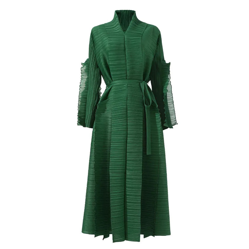 High-quality,fast-delivery, stock,Miyake pleated petal-sleeve women's dress,lapel cardigan,beltplus-size, long dress