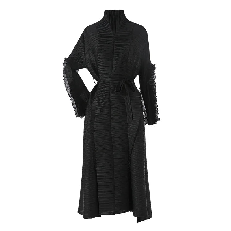 High-quality,fast-delivery, stock,Miyake pleated petal-sleeve women's dress,lapel cardigan,beltplus-size, long dress