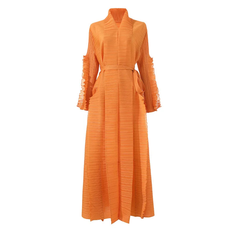 High-quality,fast-delivery, stock,Miyake pleated petal-sleeve women's dress,lapel cardigan,beltplus-size, long dress