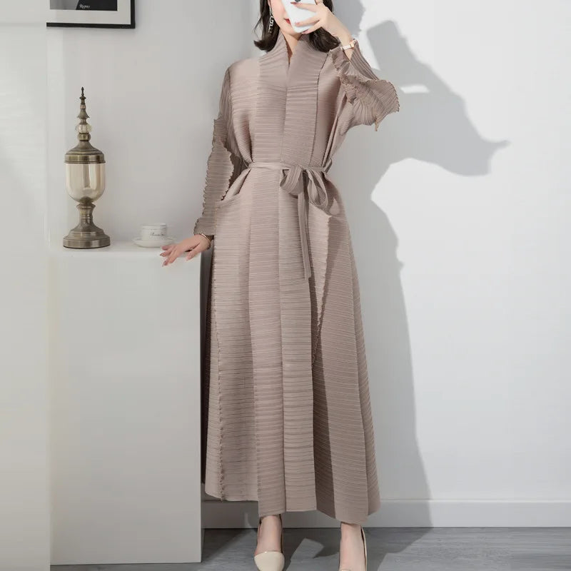 High-quality,fast-delivery, stock,Miyake pleated petal-sleeve women's dress,lapel cardigan,beltplus-size, long dress