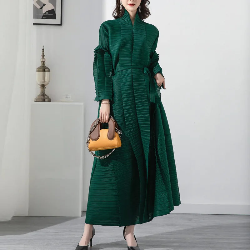 High-quality,fast-delivery, stock,Miyake pleated petal-sleeve women's dress,lapel cardigan,beltplus-size, long dress