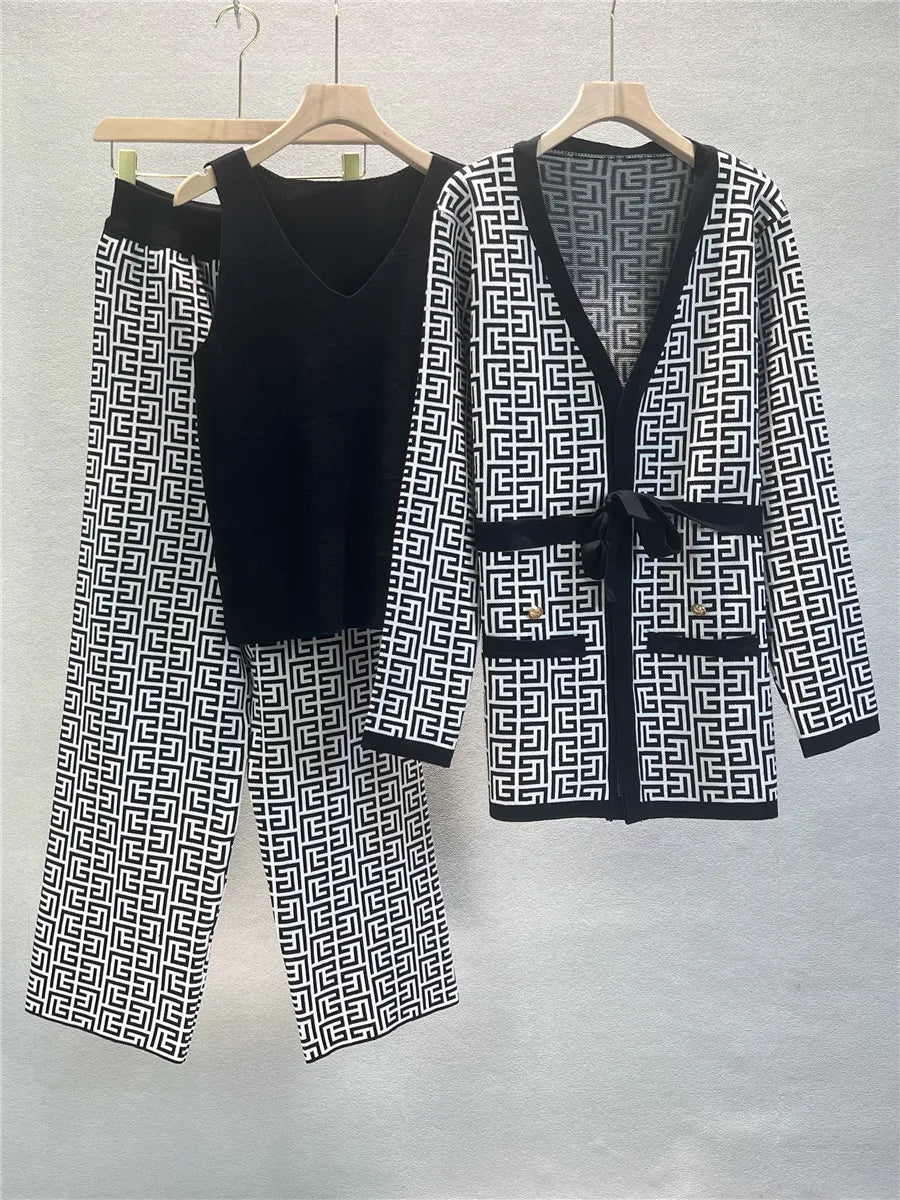 Autumn Female Three-Piece Set Slimming Cardigan Vest and Trousers Casual Fashion Cross Color Blocking Spring Knitted Suit