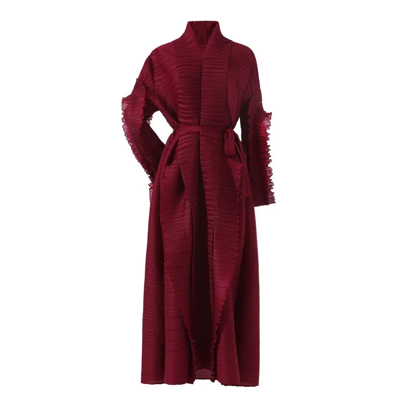 High-quality,fast-delivery, stock,Miyake pleated petal-sleeve women's dress,lapel cardigan,beltplus-size, long dress