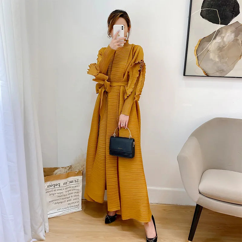 High-quality,fast-delivery, stock,Miyake pleated petal-sleeve women's dress,lapel cardigan,beltplus-size, long dress