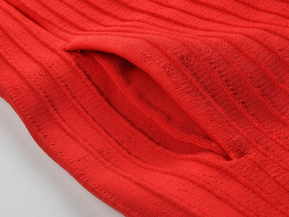 2025 New Arrival Summer Lady Red Wear Women Vintage Sleeveless Knit Solid Mini Dress With Pockets