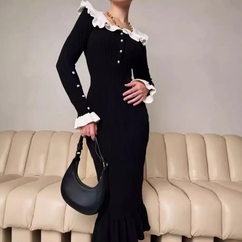 Women's custom short-sleeved polo-neck rib-knit dress manufacturer - Spring, Summer, Autumn, Winter knitwear