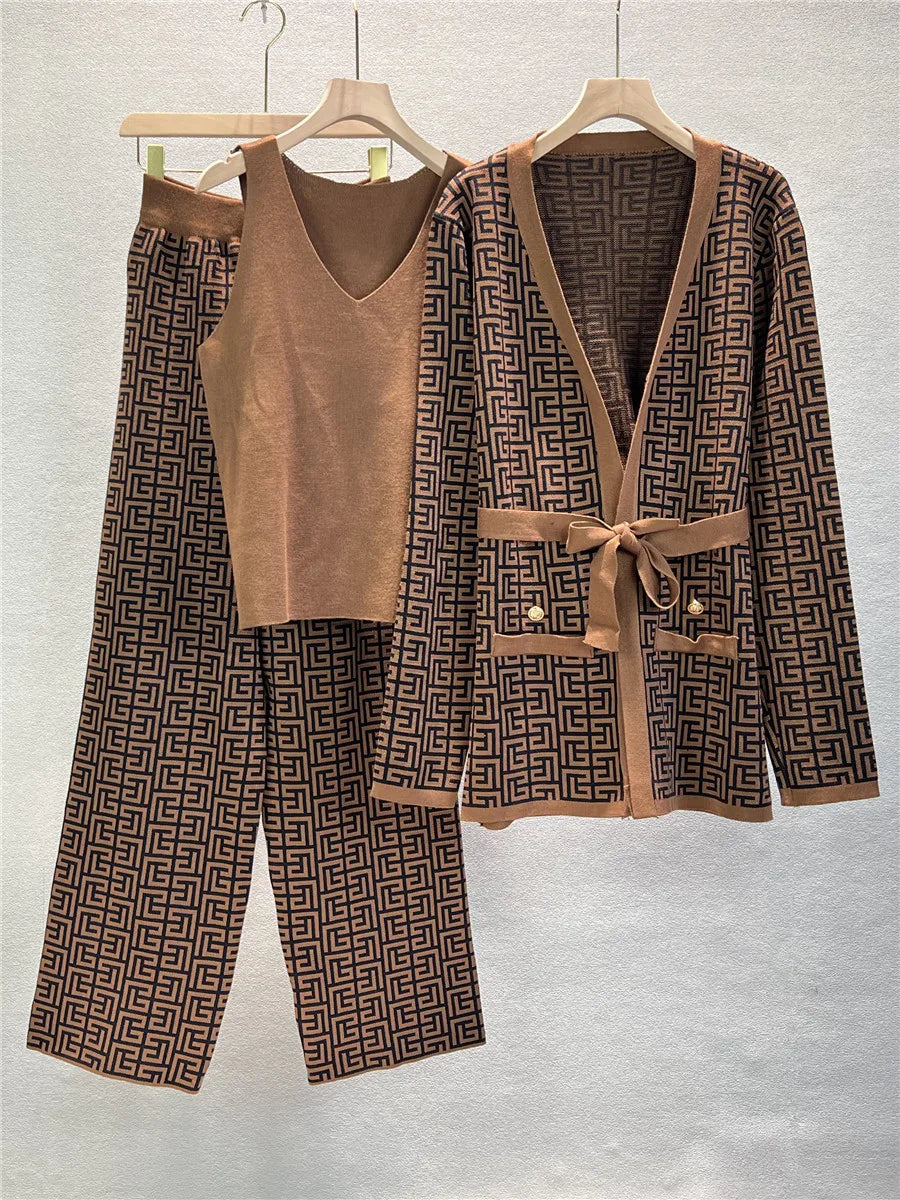 Autumn Female Three-Piece Set Slimming Cardigan Vest and Trousers Casual Fashion Cross Color Blocking Spring Knitted Suit