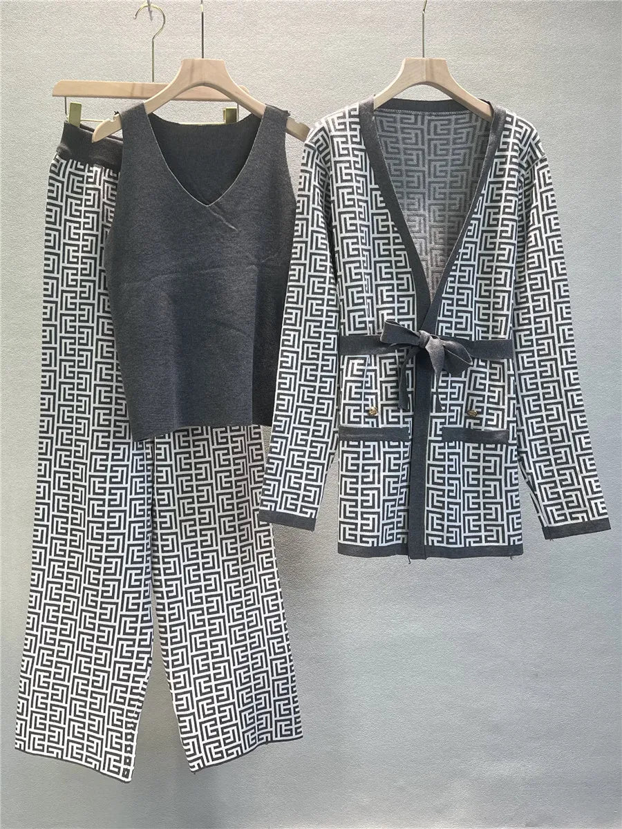 Autumn Female Three-Piece Set Slimming Cardigan Vest and Trousers Casual Fashion Cross Color Blocking Spring Knitted Suit