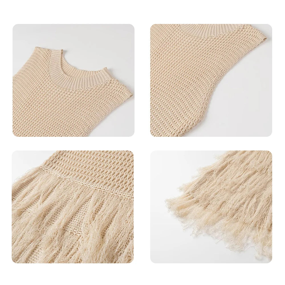 OEM ODMCustomized logo beach knitted vest dress with tassels and sleeveless round neck cutout dress