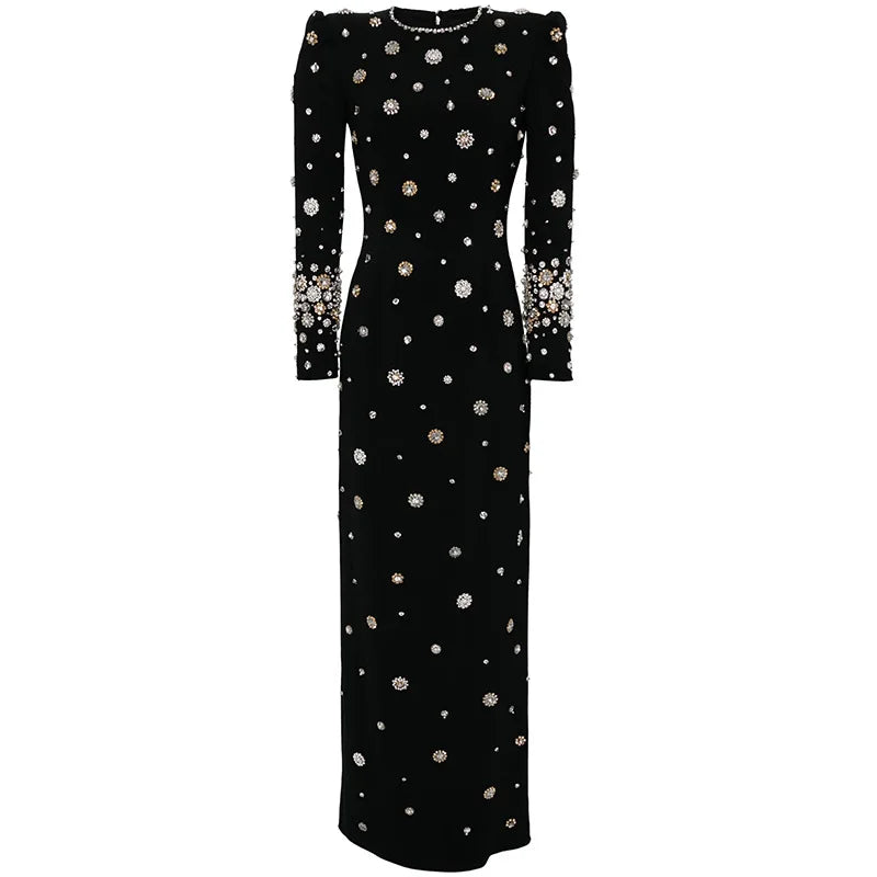 Fashion European Style Fine Workmanship Rhinestone Beading Long Sleeve O-neck Women Formal Wear Lady Maxi Solid Dress