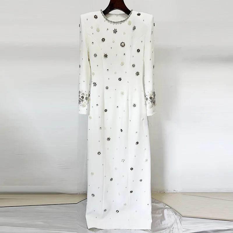 Fashion European Style Fine Workmanship Rhinestone Beading Long Sleeve O-neck Women Formal Wear Lady Maxi Solid Dress