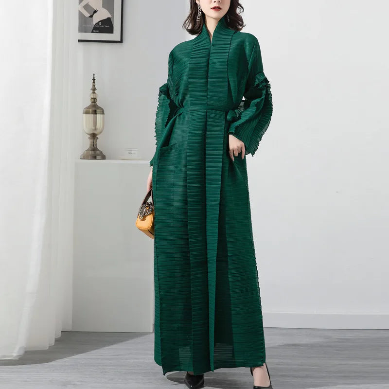 High-quality,fast-delivery, stock,Miyake pleated petal-sleeve women's dress,lapel cardigan,beltplus-size, long dress