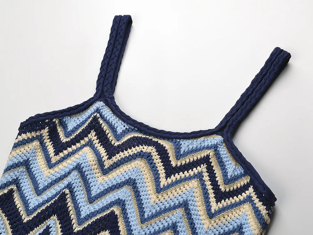 2025 Summer Newest French Style Colorblock Geometric Pattern Lady Casual Knits Slips A-line Long Dress Women