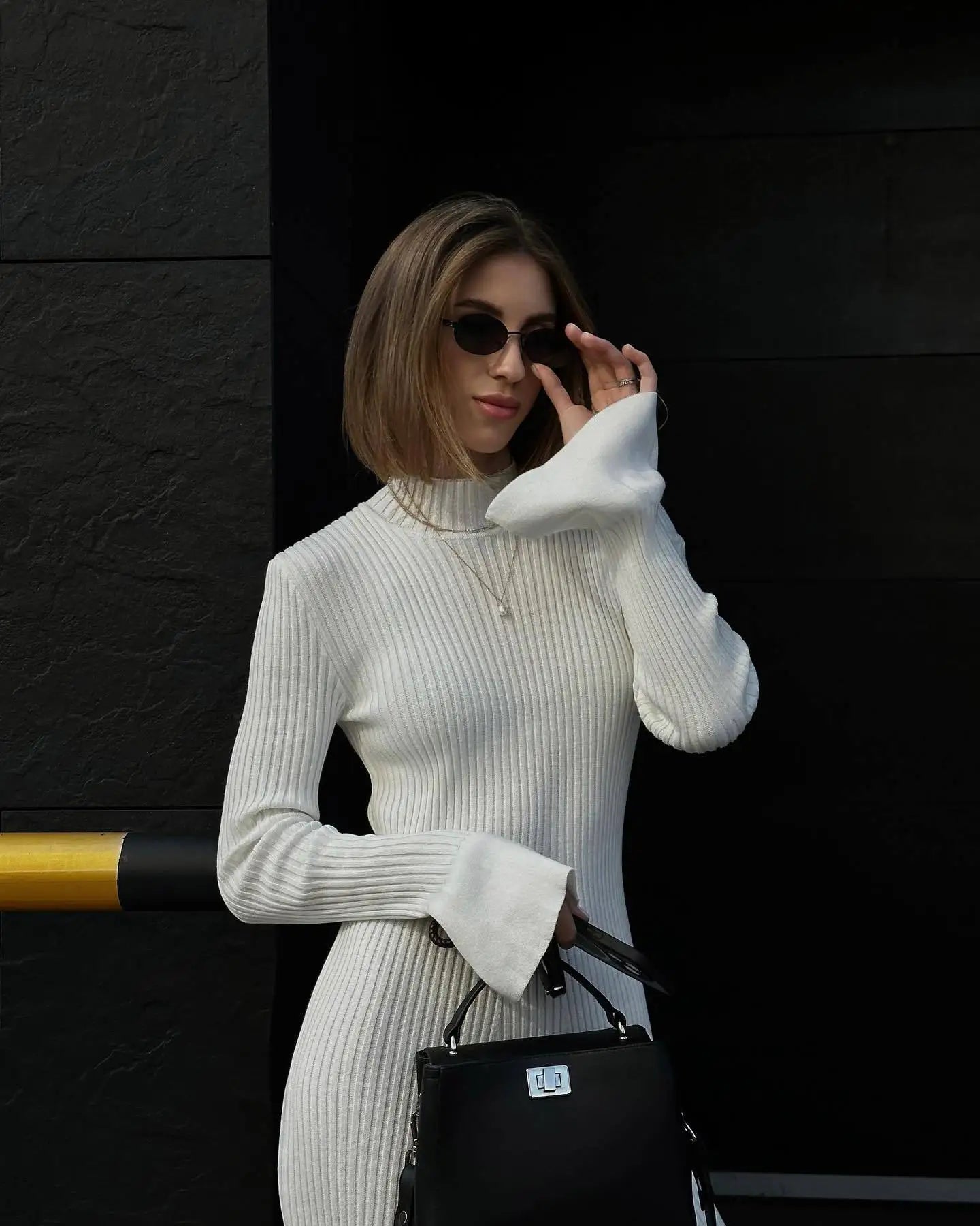 2025 Elegant Women's Midi Sheath Dress with O Neck Long Sleeve Soft Rib Knit Bodycon for Winter