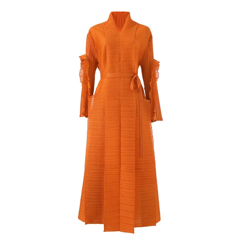 High-quality,fast-delivery, stock,Miyake pleated petal-sleeve women's dress,lapel cardigan,beltplus-size, long dress
